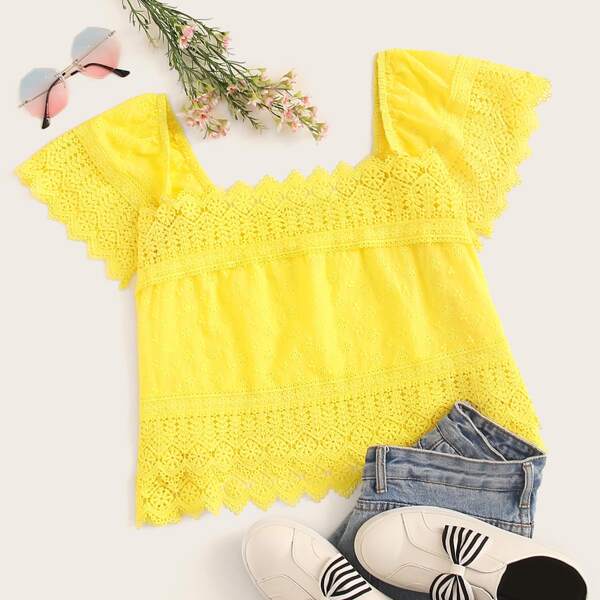 

Square Neck Guipure Lace Trim Schiffy Top