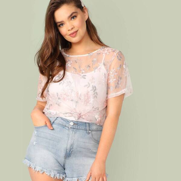 

Plus Sheer Embroidery Mesh Top, Pink