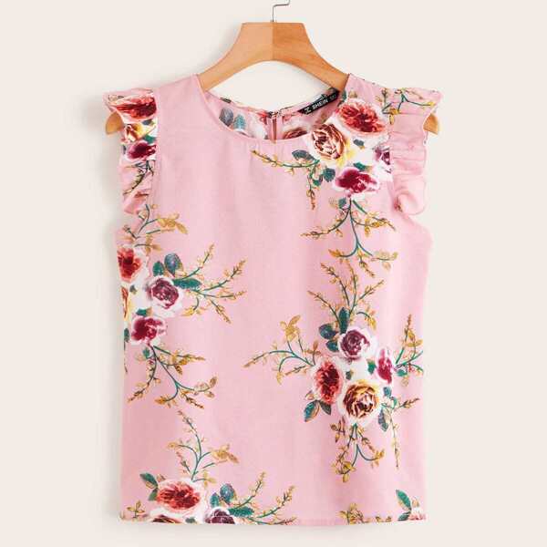 

Ruffle Trim Botanical Print Top