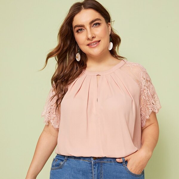

Plus Pleated Detail Lace Sleeve Peekaboo Top