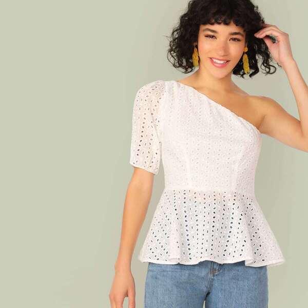 

One Shoulder Schiffy Peplum Top, White