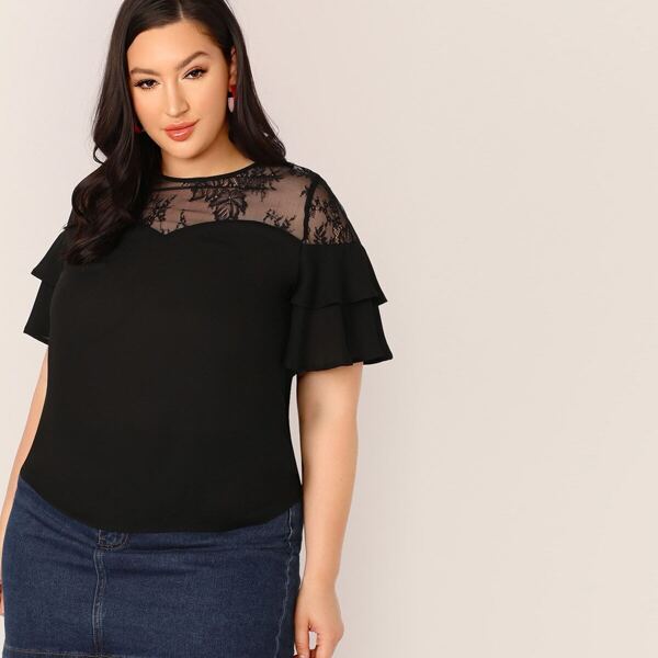 

Plus Lace Yoke Layered Flutter Sleeve Top