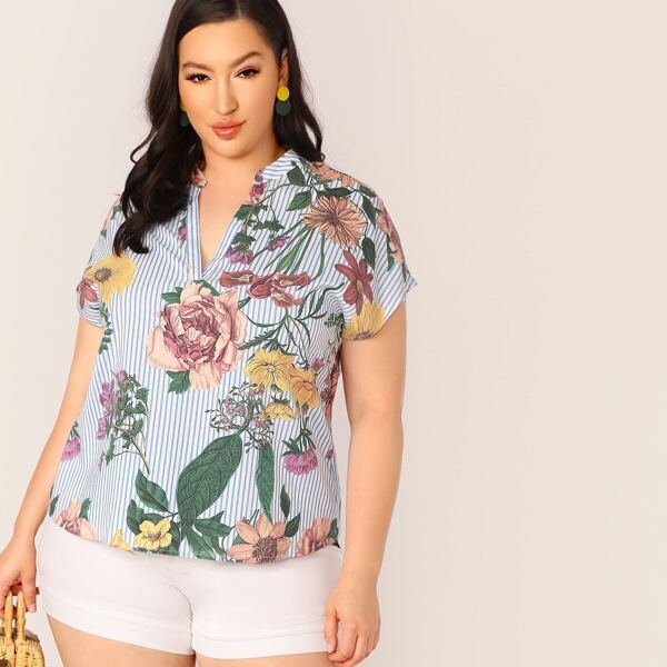 

Plus Notch Neck Striped and Floral Print Top