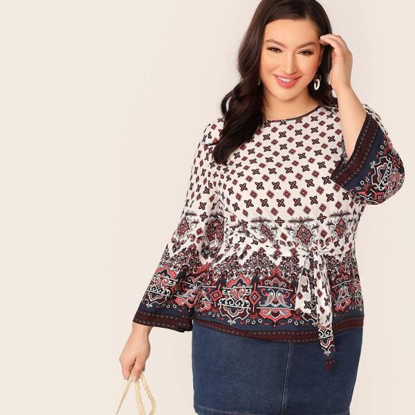 

Plus Bell Sleeve Tribal Sleeve Belted Top