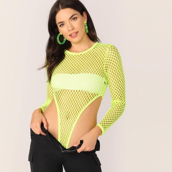 

Neon Yellow High Leg Fishnet Mesh Bodysuit Without Bandeau