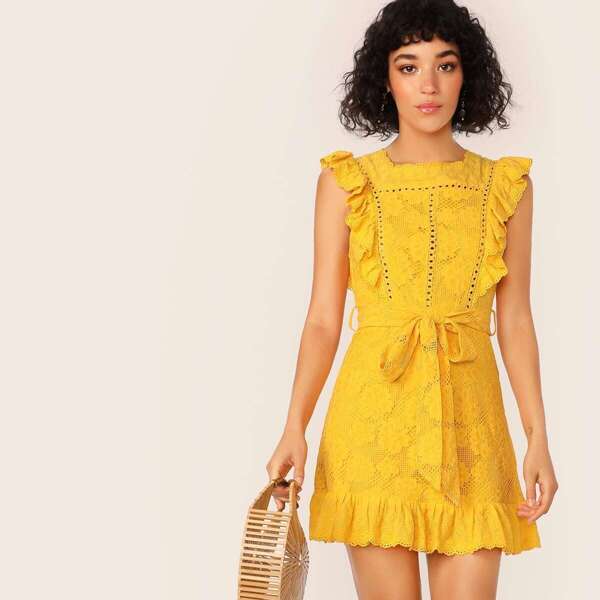 

Allover Lace Ruffle Trim Self Belted Dress, Yellow