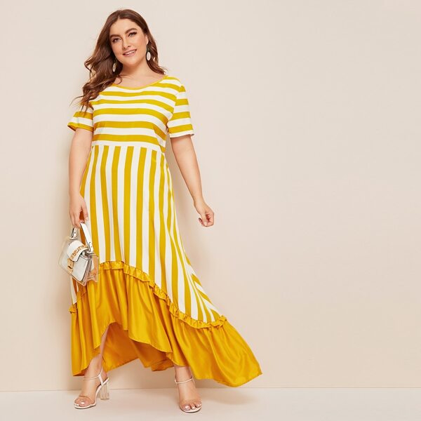 

Plus Ruffle Trim Asymmetrical Hem Striped Dress, Yellow