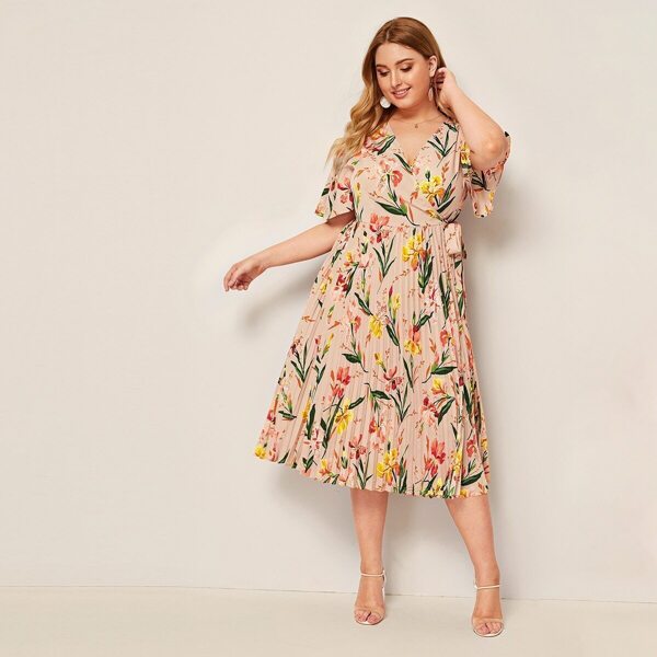 

Plus Surplice Neck Wrap Knot Pleated Floral Dress, Multicolor