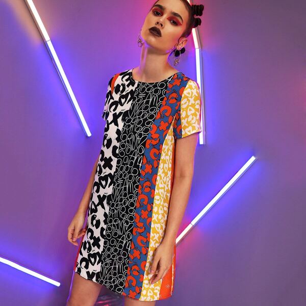 

Mixed Print Colorblock Dress, Multicolor
