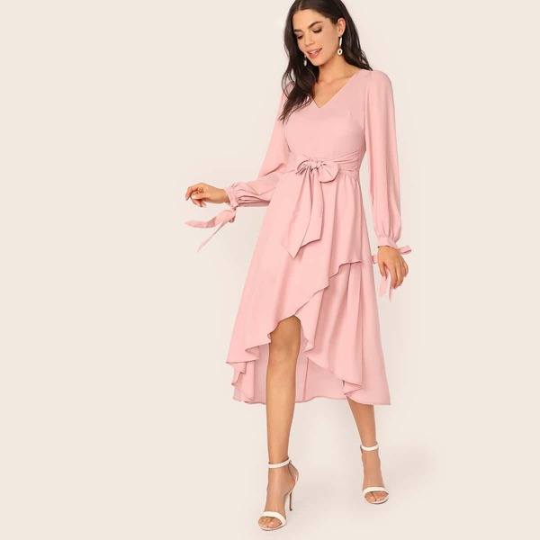 

Knot Cuff Belted Wrap Asymmetrical Hem Dress, Pink