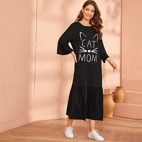 

Cartoon Print Flippy Hem Dress, Black
