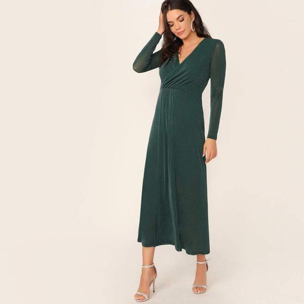 

Overlap Split Front Glitter Dress, Green