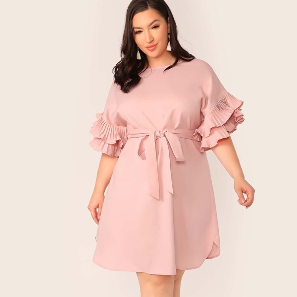 

Plus Layered Pleated Ruffle Cuff Belted Dress, Pink pastel