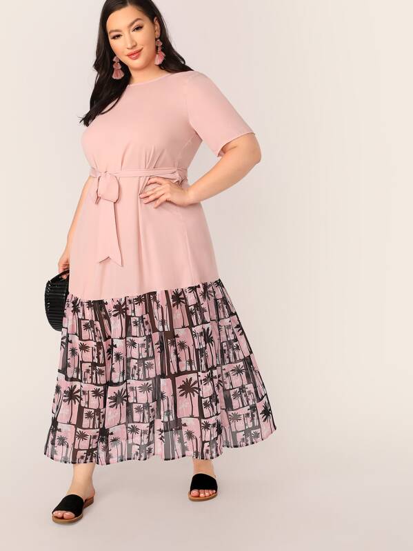 

Plus Tree Print Self Belted Dress, Pink, Kellee Moran