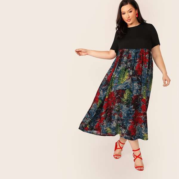 

Plus Landscape Print Combo Dress, Multicolor