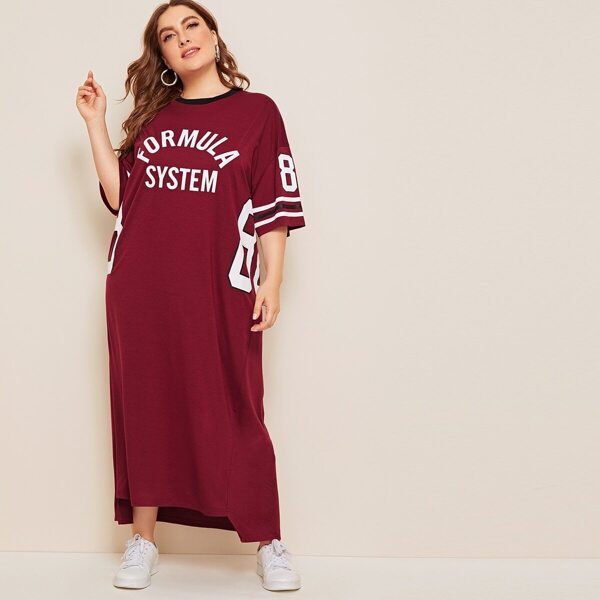 

Plus Slogan and Number Print Dip Hem Dress