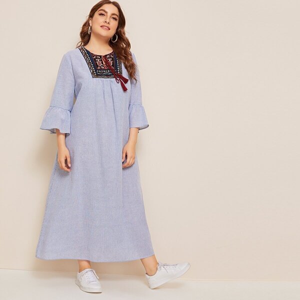 Plus Embroidery Front Striped Peasant Dress, Blue
