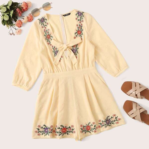 

Zip Back Tie Front Embroideried Romper, Beige
