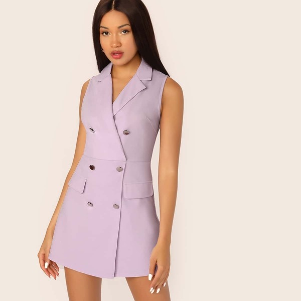 

Surplice Notched Collar Double Breasted Sleeveless Romper, Purple pastel