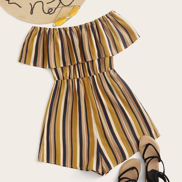 

Foldover Front Off Shoulder Striped Romper, Multicolor