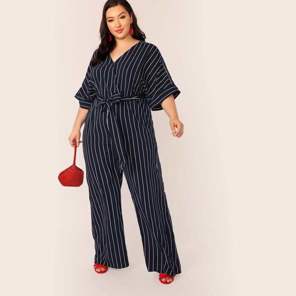 

Plus Striped Surplice Neck Belted Palazzo Jumpsuit, Navy
