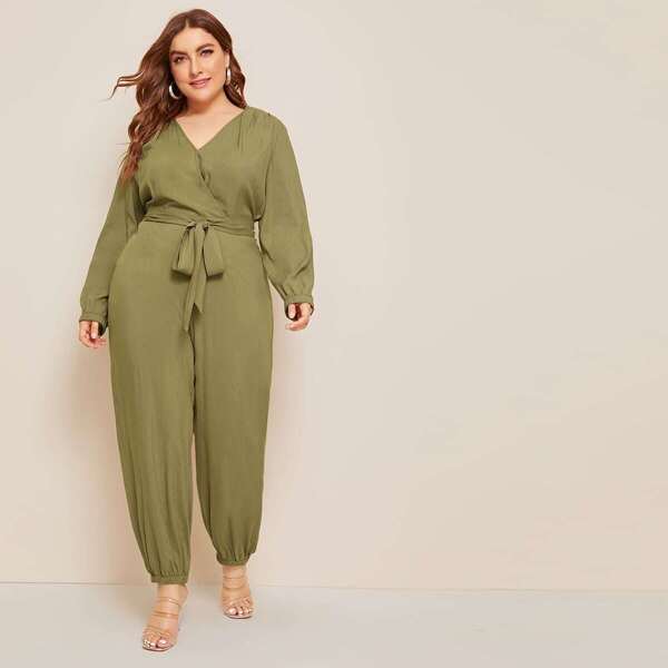 

Plus Wrap Belted Lantern Leg Jumpsuit, Army green