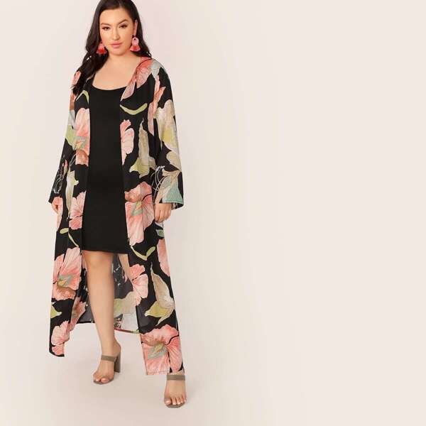 

Plus Open Front Floral Print Kimono, Multicolor
