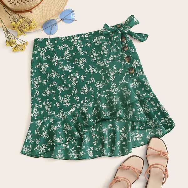 

Asymmetrical Ruffle Trim Knot Side Buttoned Skirt