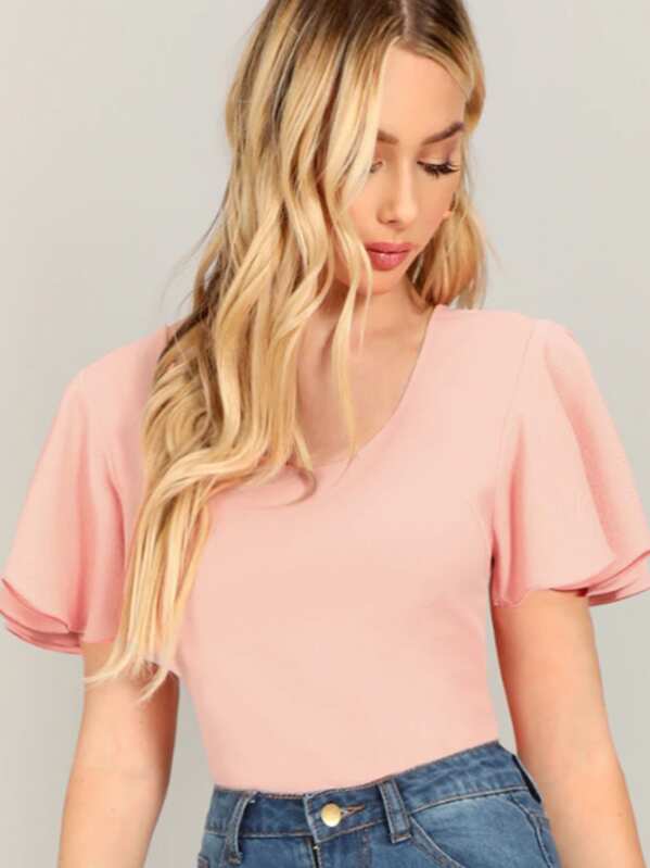 

Flutter Sleeve Solid Textured Top, Pink, Celeste Bright