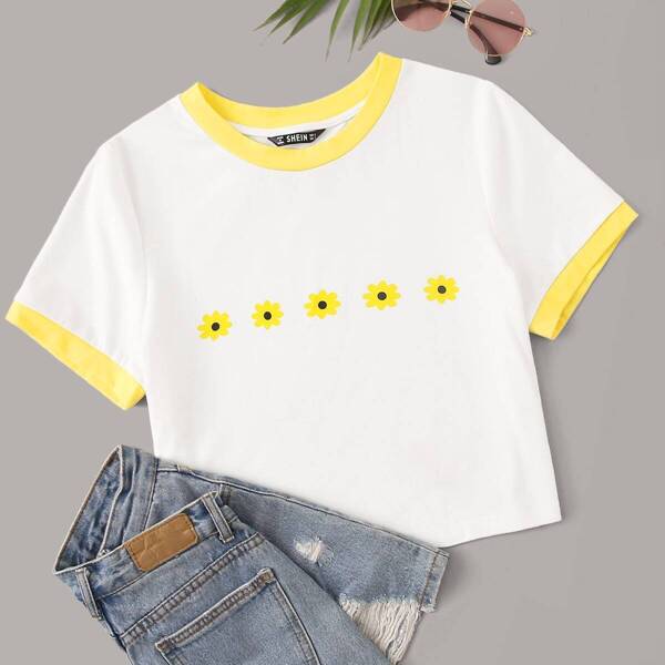 

Floral Print Ringer Crop Tee, White