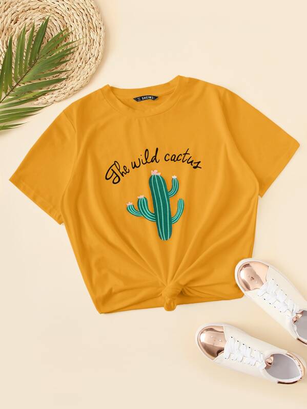 

Slogan and Cactus Print Tee, Yellow