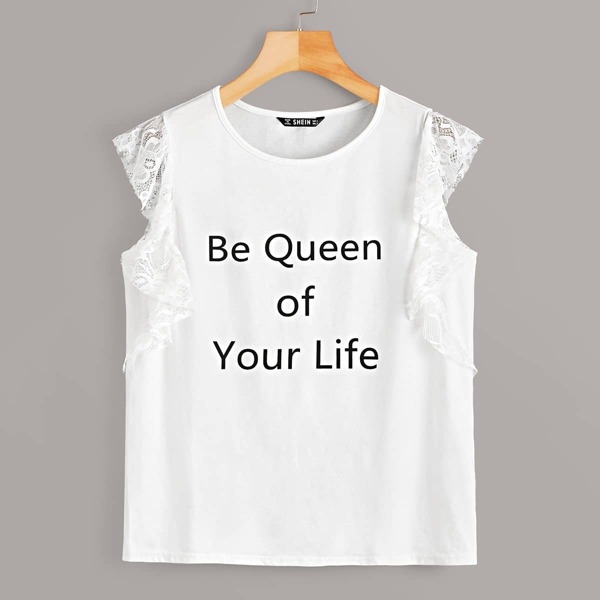 

Slogan Print Lace Ruffle Armhole Top