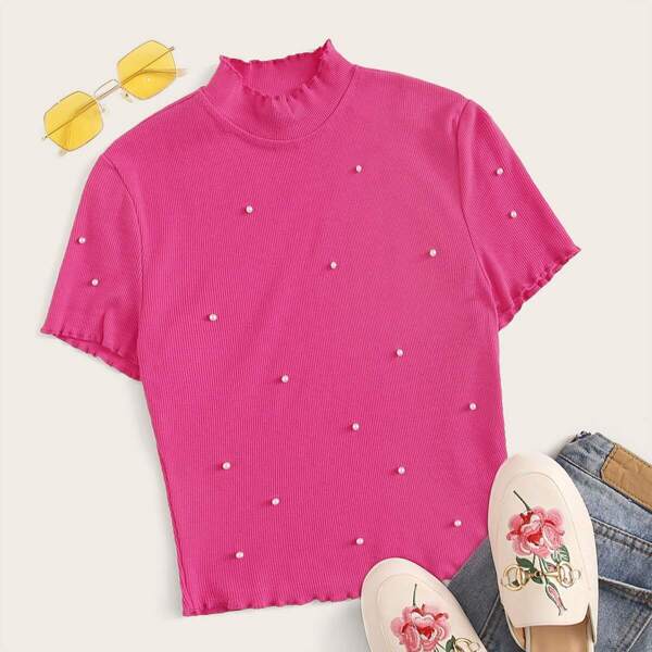 

Mock Neck Pearls Beaded Rib-knit Tee