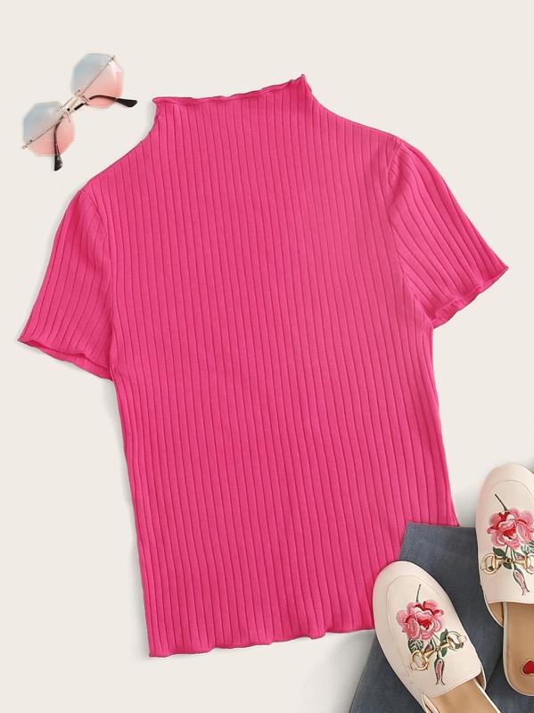 

Neon Pink Lettuce Edge Rib-knit Tee