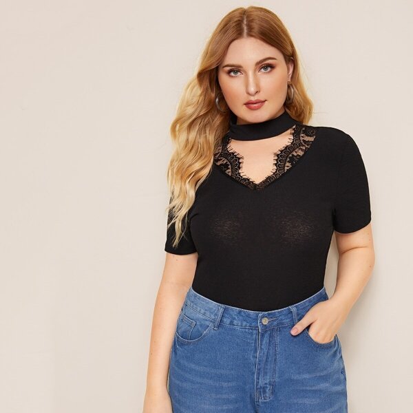 

Plus Lace Trim Choker Neck Rib-knit Tee, Black