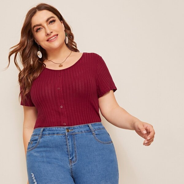 

Plus Button Front Rib-knit Tee