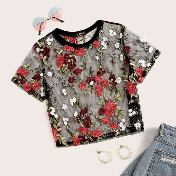 

Plus Embroidered Botanical Mesh Top