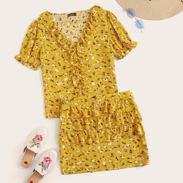 

Ditsy Floral Top and Layered Ruffle Trim Skirt Set, Yellow