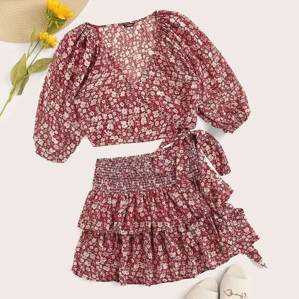 

Puff Sleeve Wrap Crop Top & Shirred Ruffle Hem Skirt Set, Multicolor