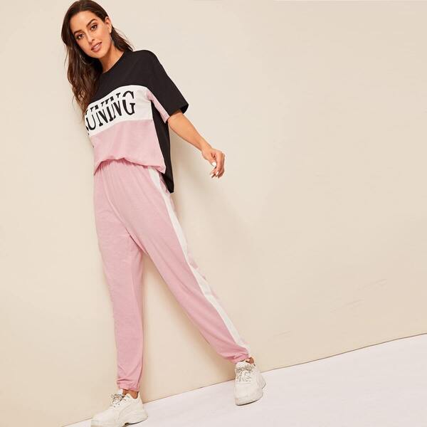 

Letter Print Colorblock Top & Contrast Side Sweatpants Set, Multicolor