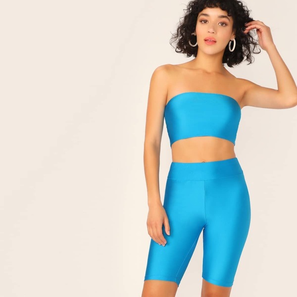 

Neon Blue Bandeau Top & Wide Waistband Cycling Shorts Set, Blue bright