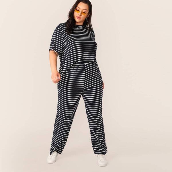 

Plus Striped Tee & Slant Pocket Pants Set, Navy