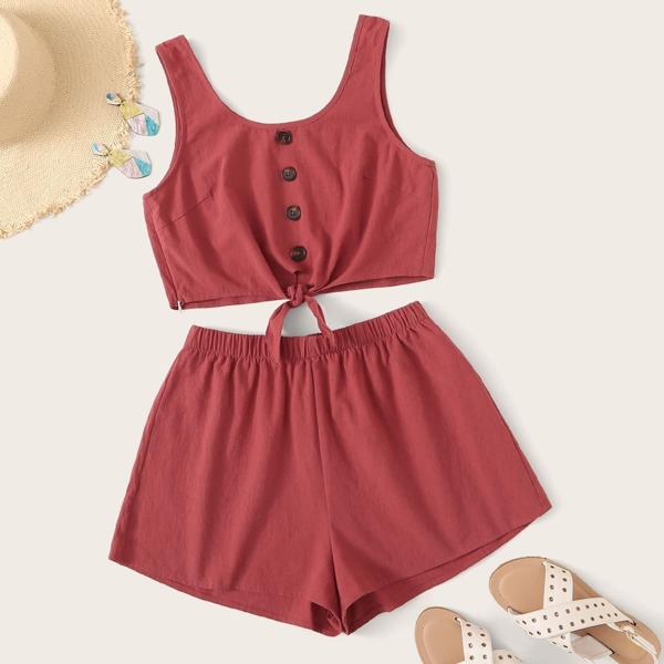 

Button Detail Knot Hem Top and Shorts Set