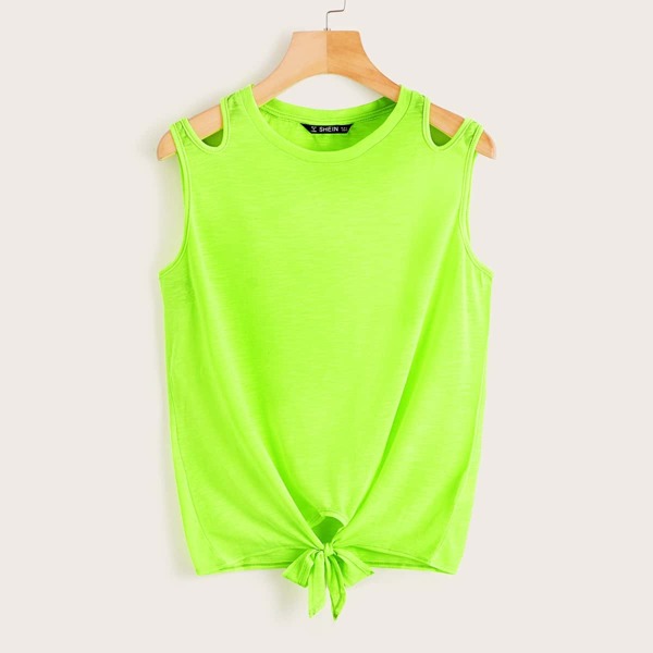 

Neon Green Cut-out Shoulder Knotted Top