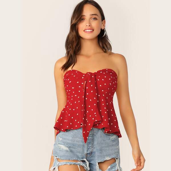 

Heart Print Tie Front Bandeau Peplum Top, Red