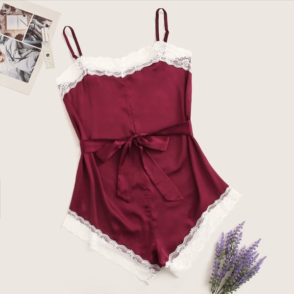 

Plus Lace Trim Satin Belted Teddy Bodysuit