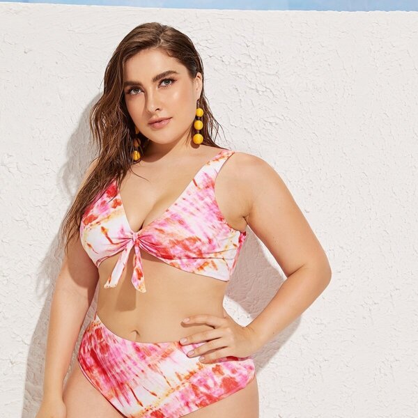 

Plus Tie Dye Knot Front Bikini Set, Multicolor