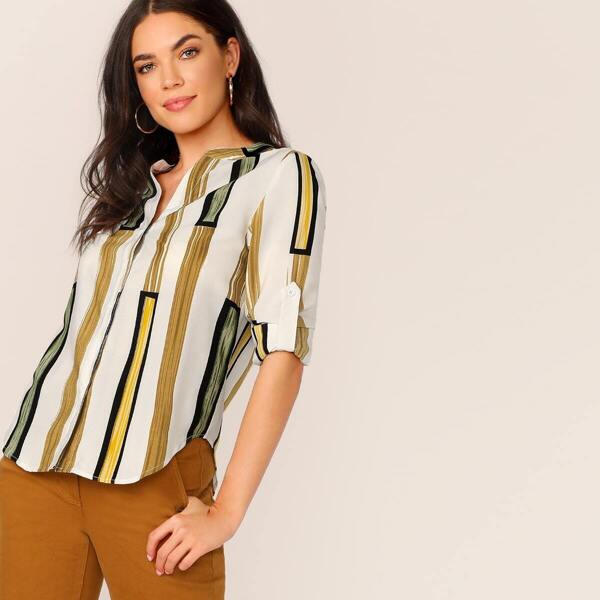 

Roll Up Sleeve Curved Hem Striped Shirt, Multicolor