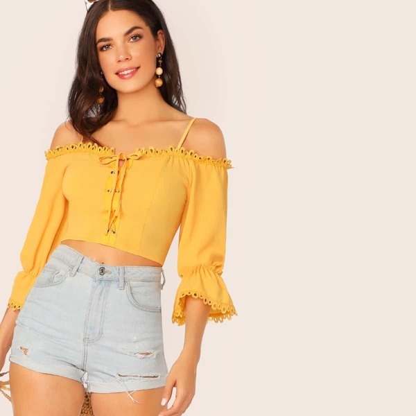 

Lace Trim Shirred Back Top With Strappy