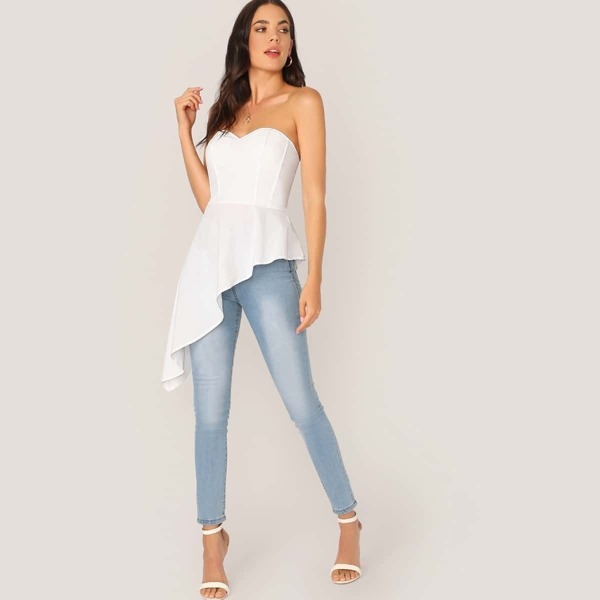 

Zipper Back Asymmetrical Peplum Tube Top, White